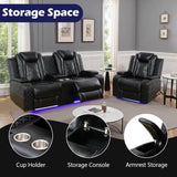 Power Recliner Sofa Set with LED Lights, Black Leather Reclining Loveseat and Chairs with Storage Console, USB Ports