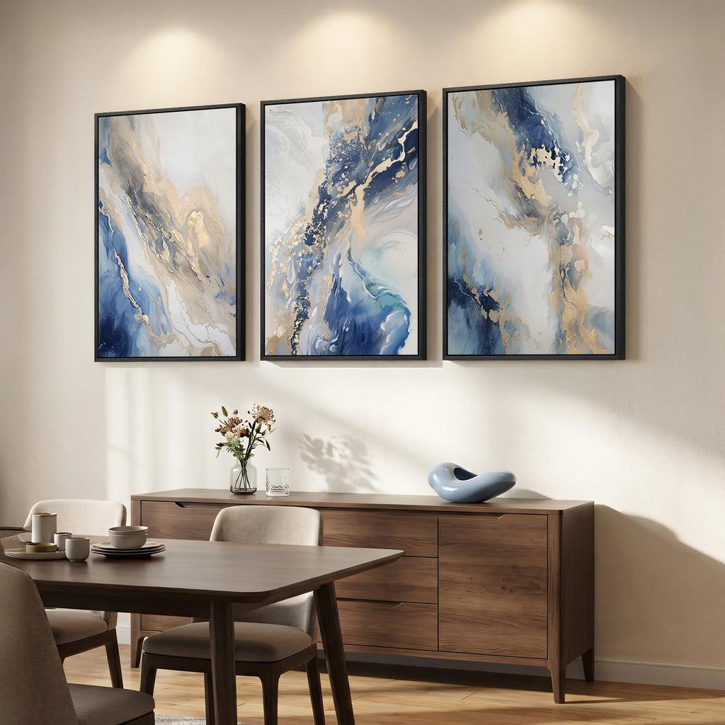 Large Framed Abstract Blue and Gold Wall Art, 24x36 Inch