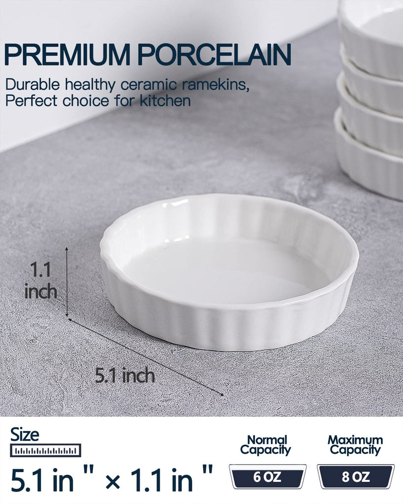 8 Oz Creme Brulee, Porcelain Oven Safe, Round Tart Pan Mini Fluted Quiche Dishes, Set of 6, White