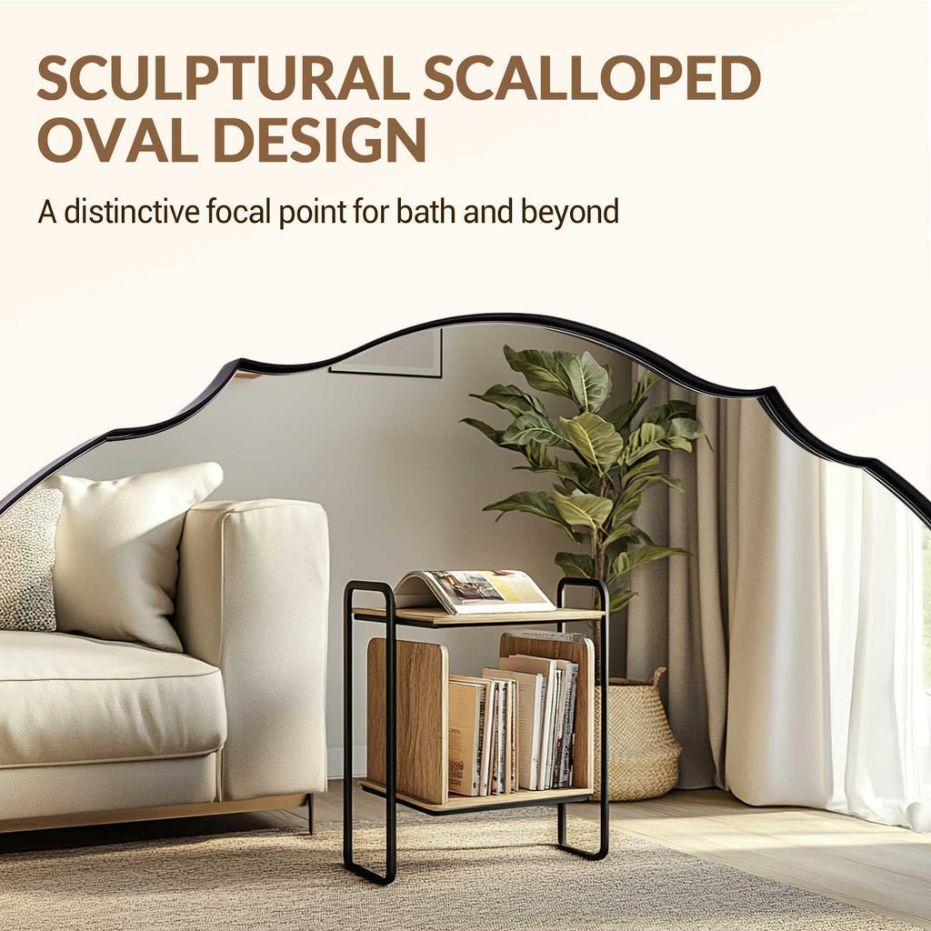 22x30 Matte Black Farmhouse Scalloped Oval Bathroom Vanity Mirror
