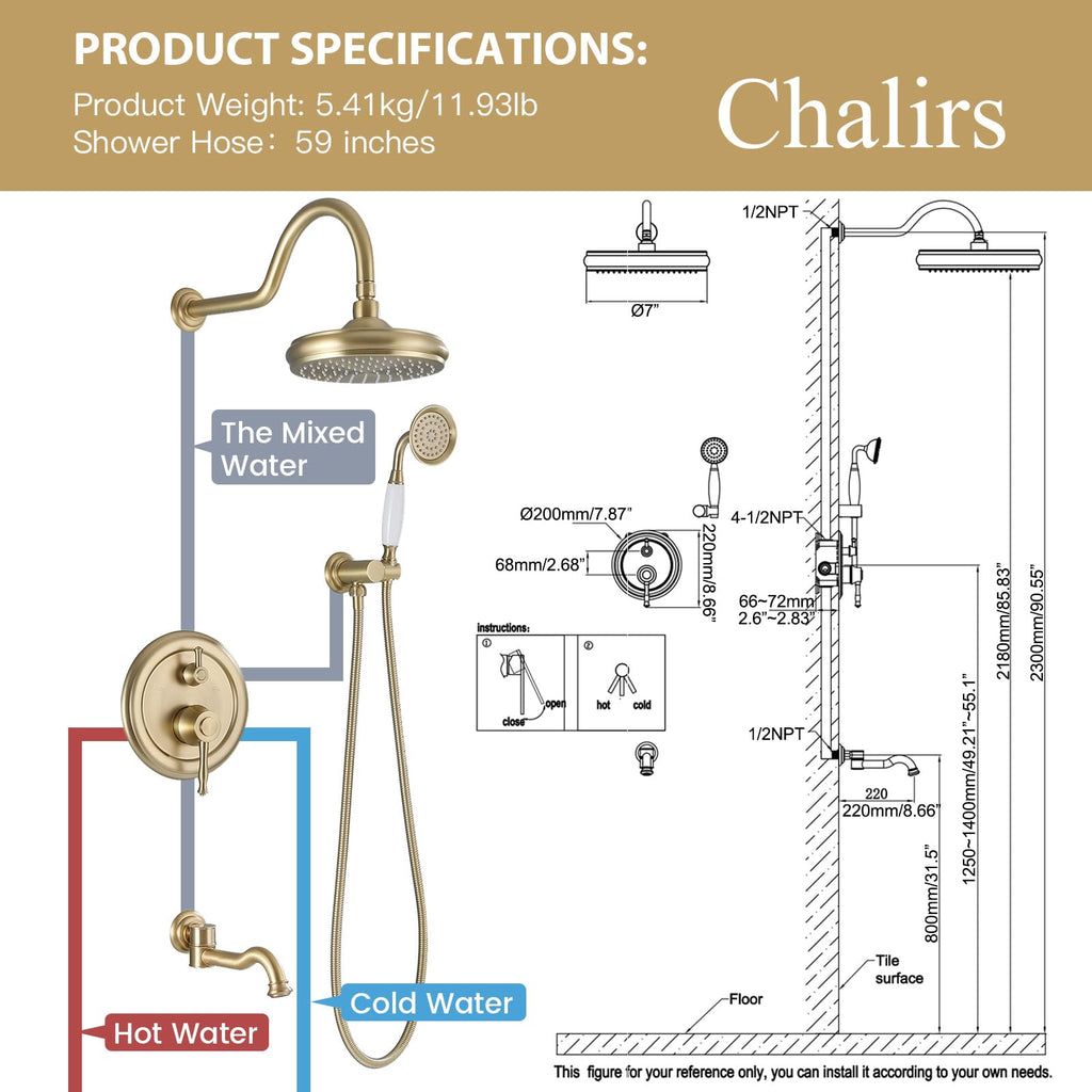 Rainfall Shower System with Handheld Sprayer,Brushed Gold Antique Shower Faucet Sets,Shower Fixture Combo with Brass