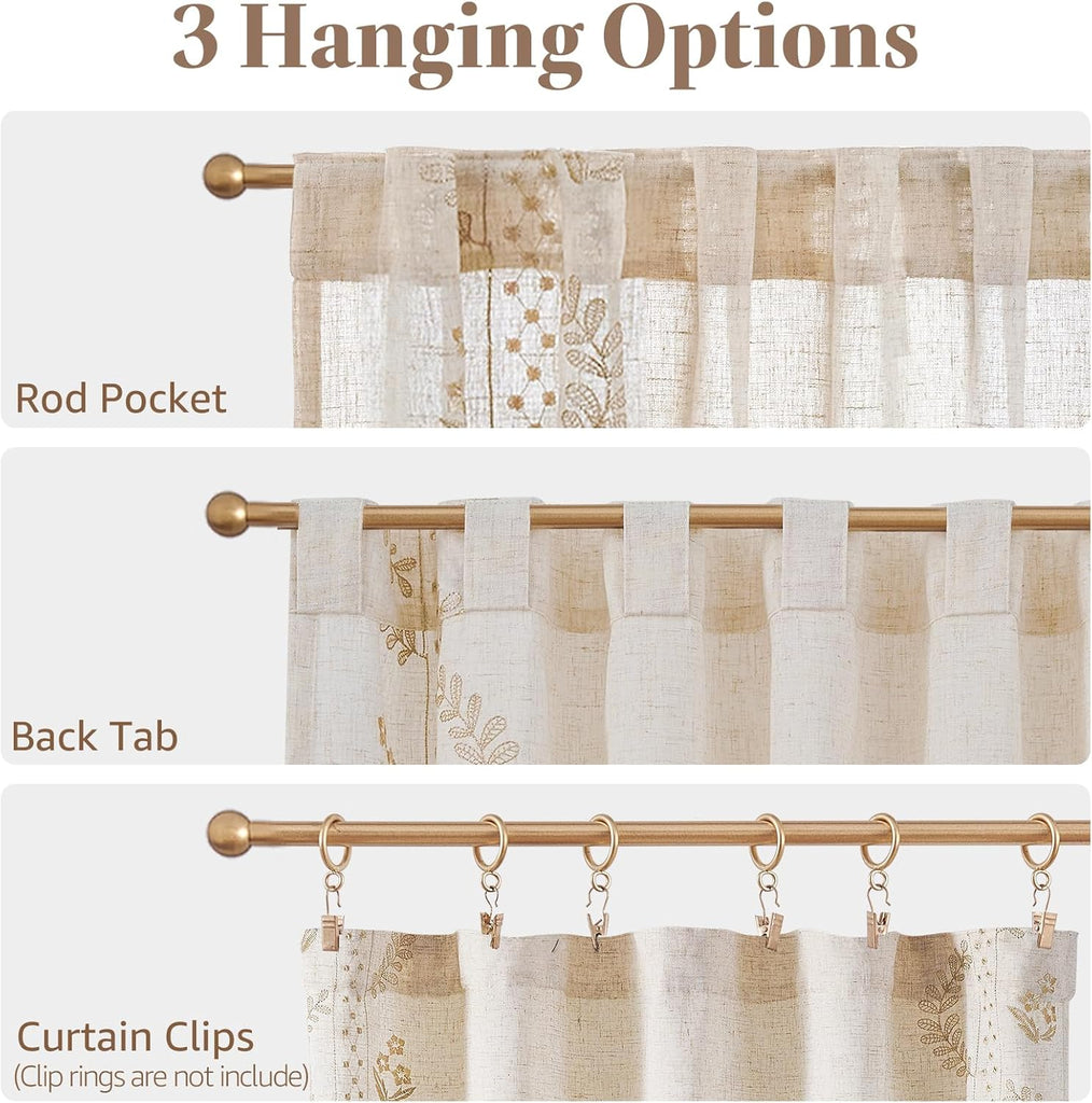 Linen Floral Kitchen Curtains 36 inch Length Embroidered Farmhouse Cafe Curtains for Living Room Bathroom