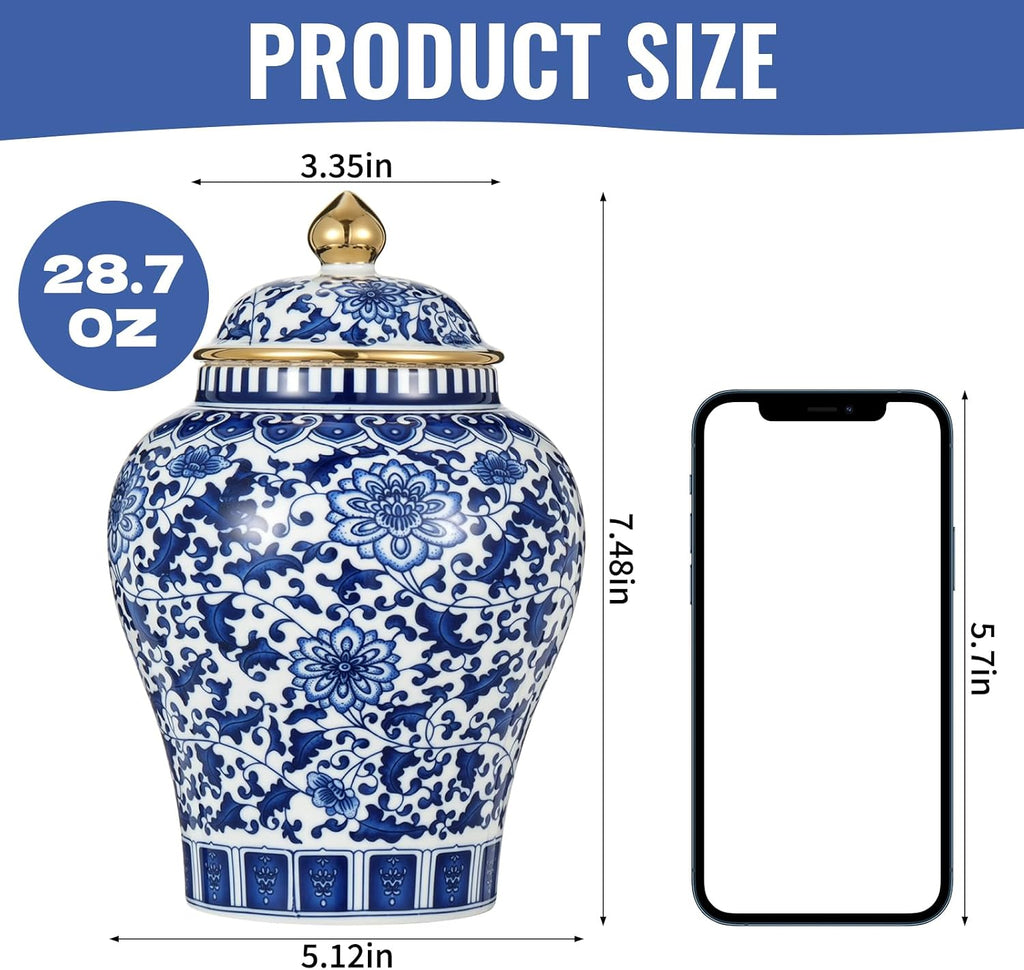 Blue and White Ginger Jar with Gilt Edges, Ceramic Ginger Jar with Lid, Exquisite Floral Patterns Chinoiserie Tea