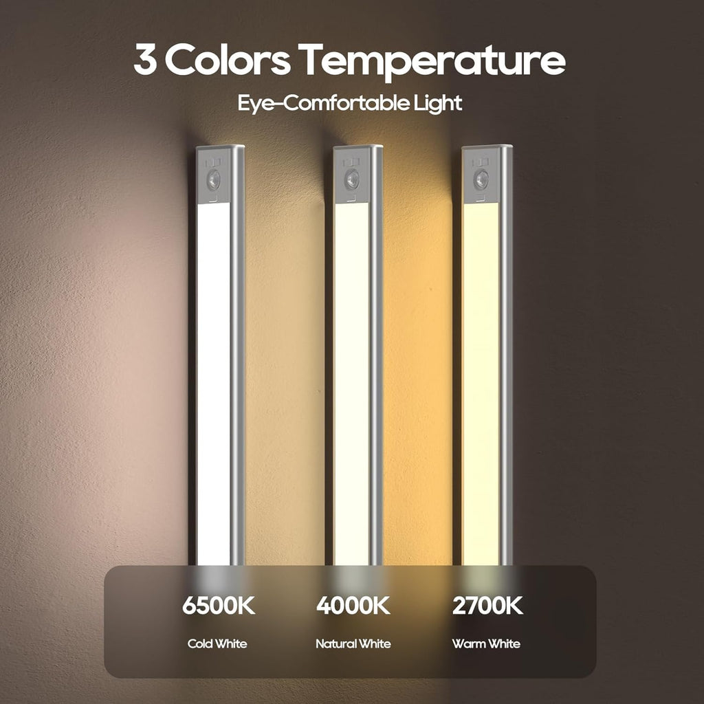 2 Pack Under Cabinet Lighting, 3 Color Temperatures Motion Sensor Light Indoor, LED Rechargeable Cabinet Lights