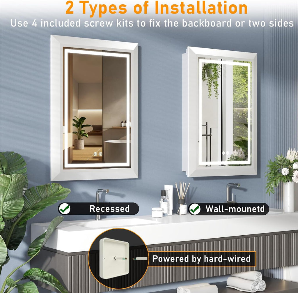 20"x28" White Medicine Cabinet with Lights, Bathroom Mirror with Storage, Dimming 3 Lighting Colors, Fast Defogging