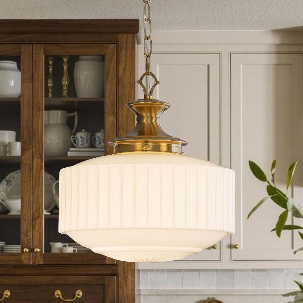 Vintage Brass Milk Glass Pendant Light Fixture, 13.8" White Pleated Glass Chandelier, Antique Pendant Lights, for