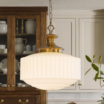 Vintage Brass Milk Glass Pendant Light Fixture, 13.8" White Pleated Glass Chandelier, Antique Pendant Lights, for