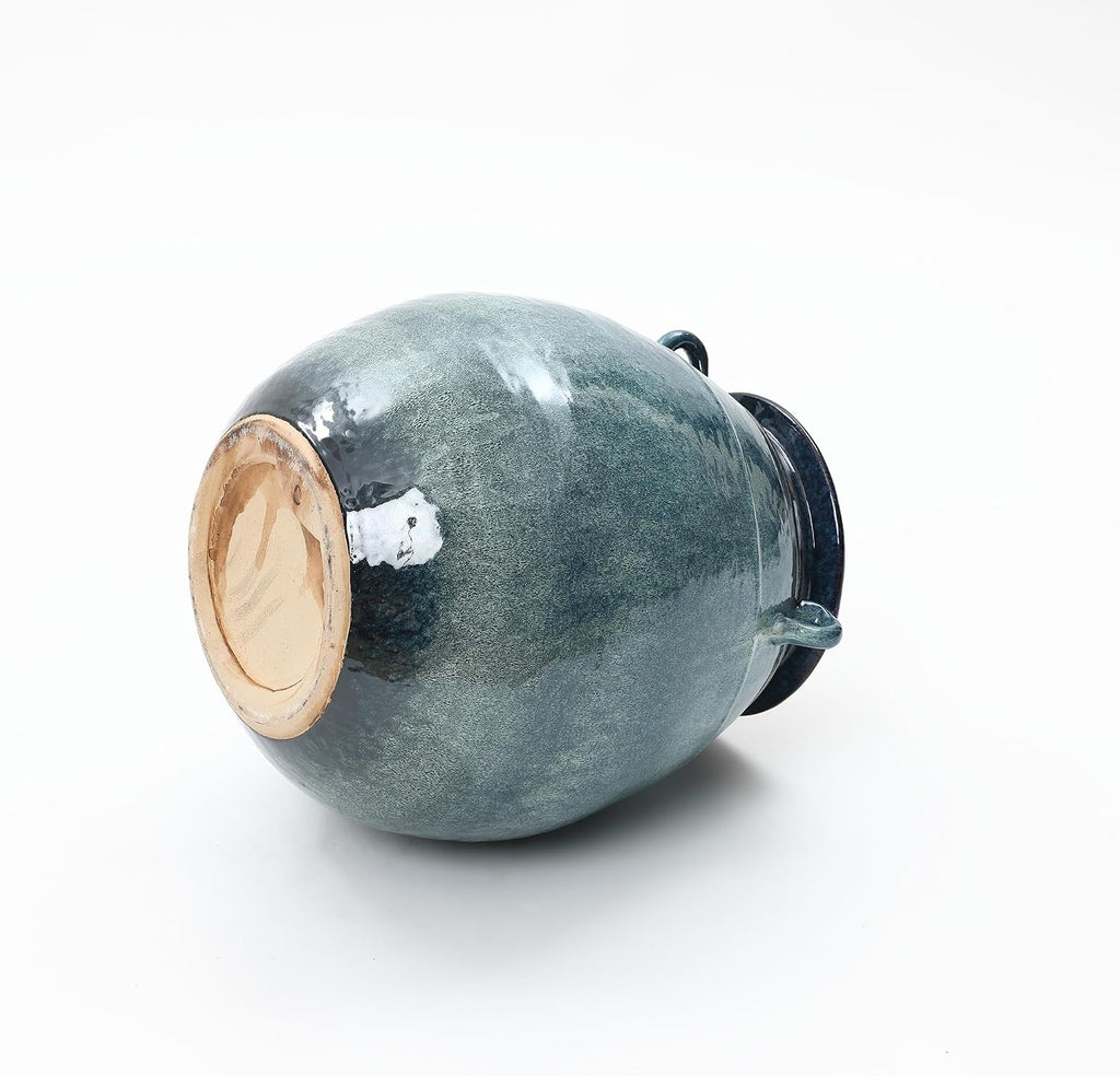 LuxenHome Large Rustic Floor Vase, 17.5'' Tall Ocean Blue Round Ceramic Vases for centerpieces, Farmhouse Flower Vase