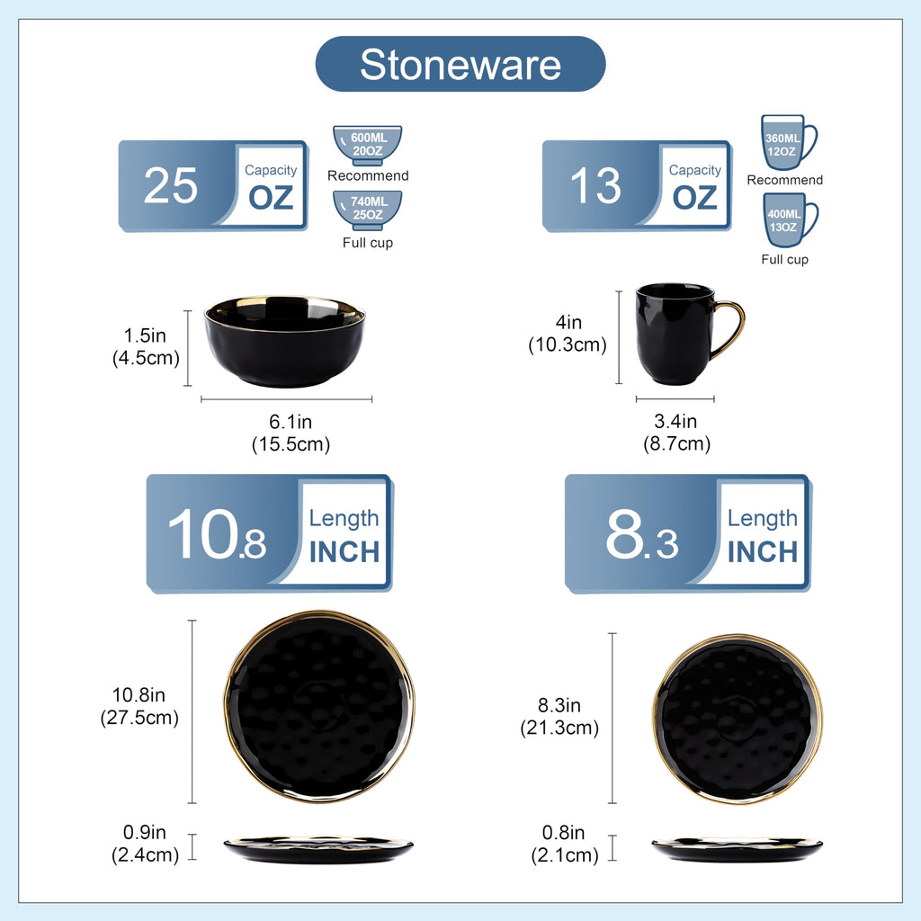16 Pieces Plates and Bowls Sets, Porcelain Black and Gold Dinnerware Sets, Round Dinner Plates Dishes Set Service for