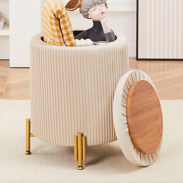 Round Ottoman Foot Stool with Storage and Metal Legs Bedroom, Velvet Upholstered Footrest Stool Support 300lbs Modern