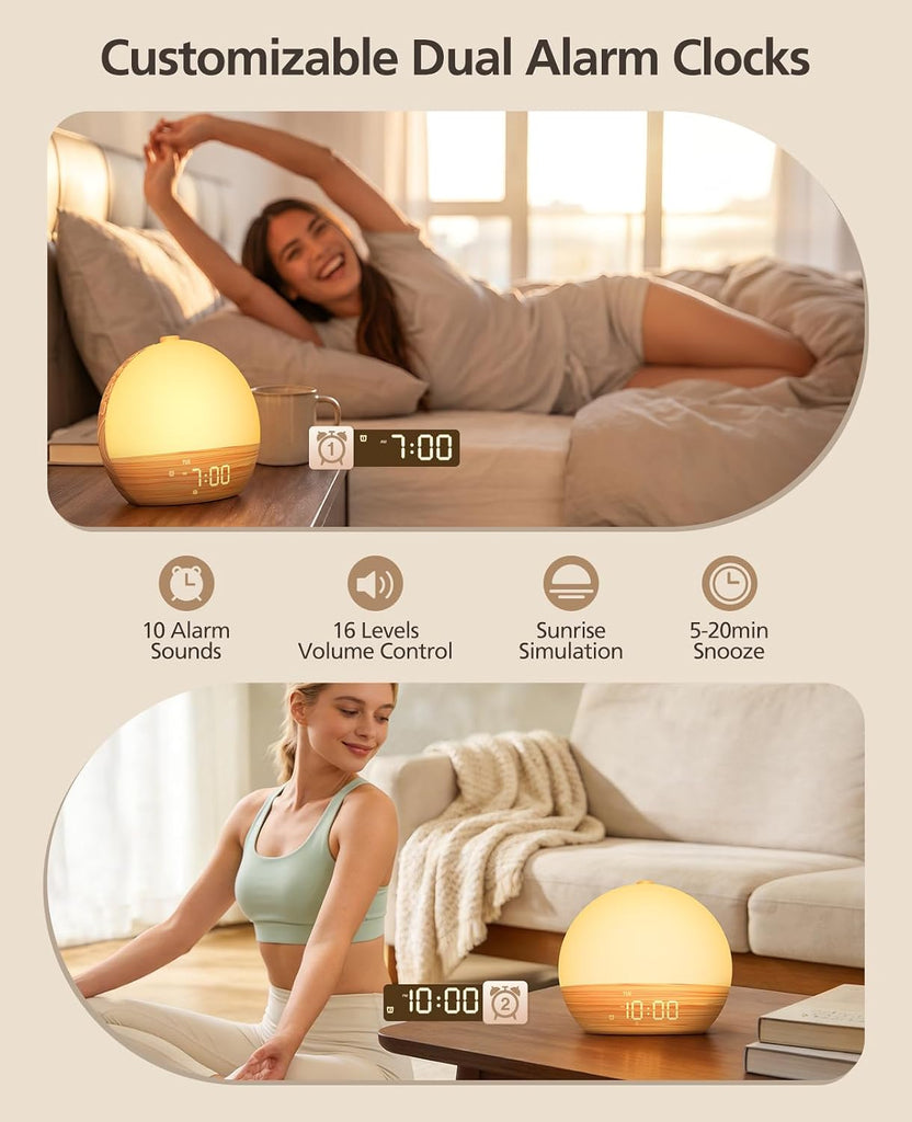 Wood Grain White Noise Sound Machine Sunrise Alarm Clock with 30 Soothing Sounds, 17 Night Lights, Bluetooth Speaker