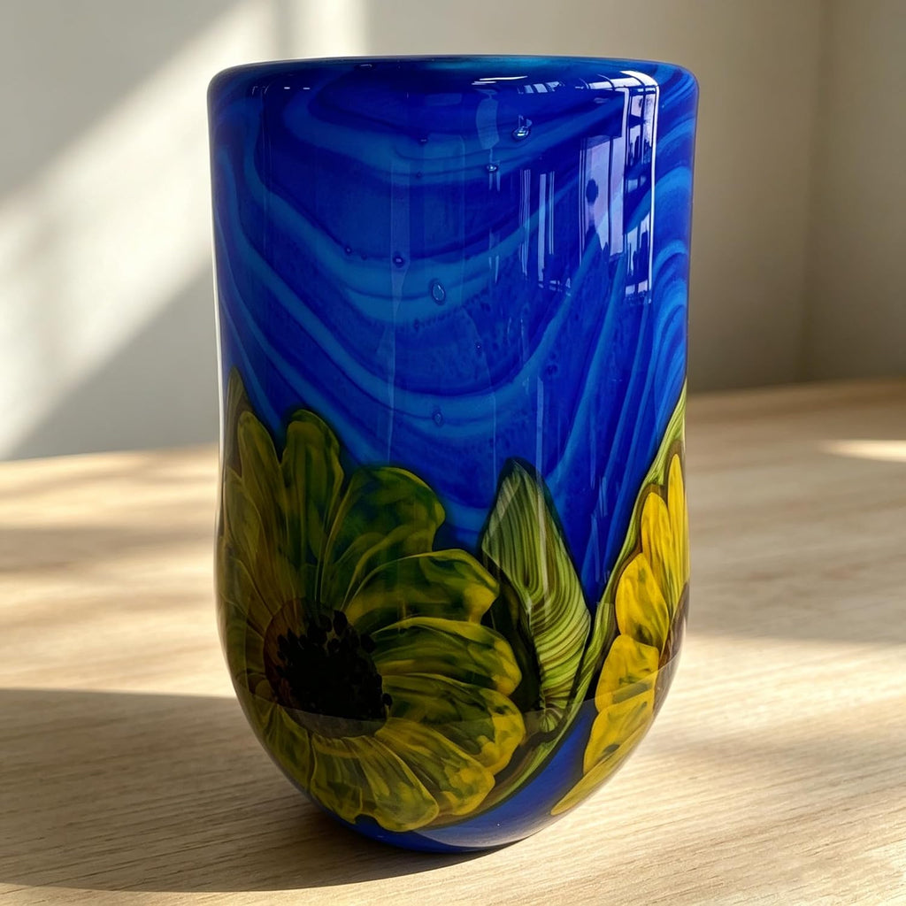 Hand Blown Art Glass Sunflower Vase - 13.78" Tall Mouth-Blown Artistic Sculpture with Vibrant Colors & Accents - Rich