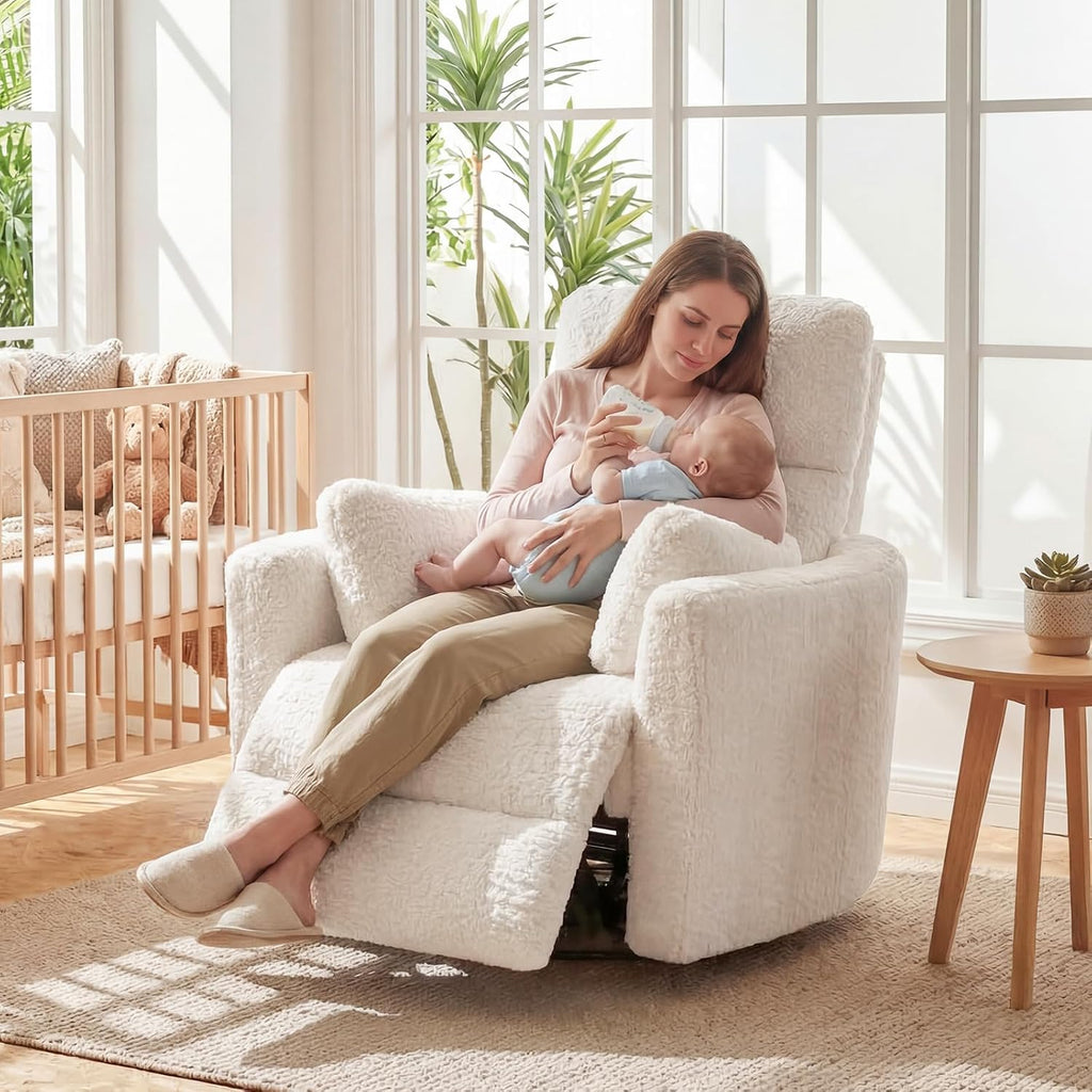 Power Swivel Rocker Recliner, Large Glider Rocking Chair, Beige | Fluffy Plush Nursery Chair w/ 2 Pillows, USB and