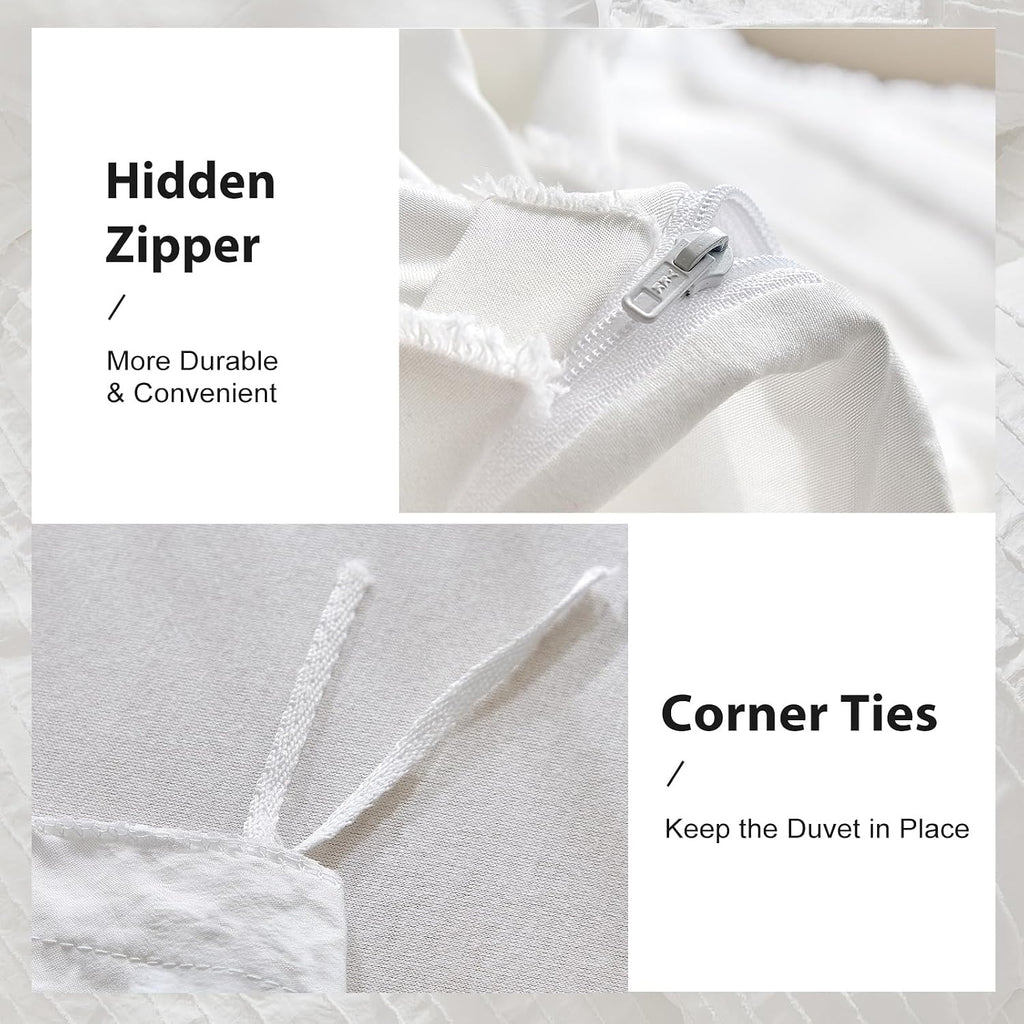 White Boho Duvet Cover Set King, Striped Textured Duvet Cover Tufted Bedding Set, 3 Pcs Ultra Soft Washed Microfiber
