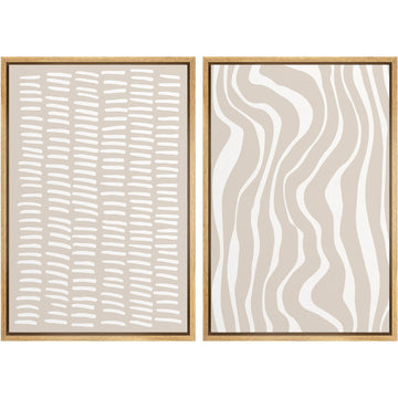 Framed Canvas Print Wall Art Set Tan White Geometric Stripe Collage Abstract Shapes Cozy Neutral Modern Art Minimal