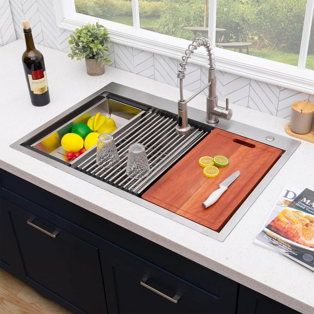 33x22 Inch 60/40 Double Bowl Kitchen Sink Drop In, 33 Inch Topmount Ledge Workstation Sink, 16 Gauge Stainless Steel