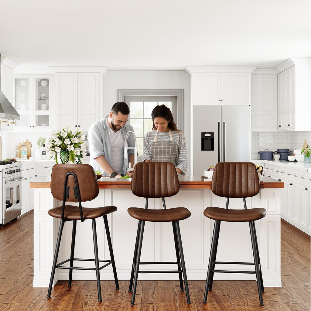 24-Inch Leather Bar Stools Set of 3, Counter Height Barstools with High Backrest，Bar Chairs Island with Heavy Duty