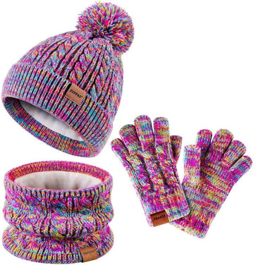 Kids Winter Hat Gloves Scarf Set,Girls Toddler Children Hats Beanie with Pom Knit Neck Warmer Gaiter Mittens Fleece