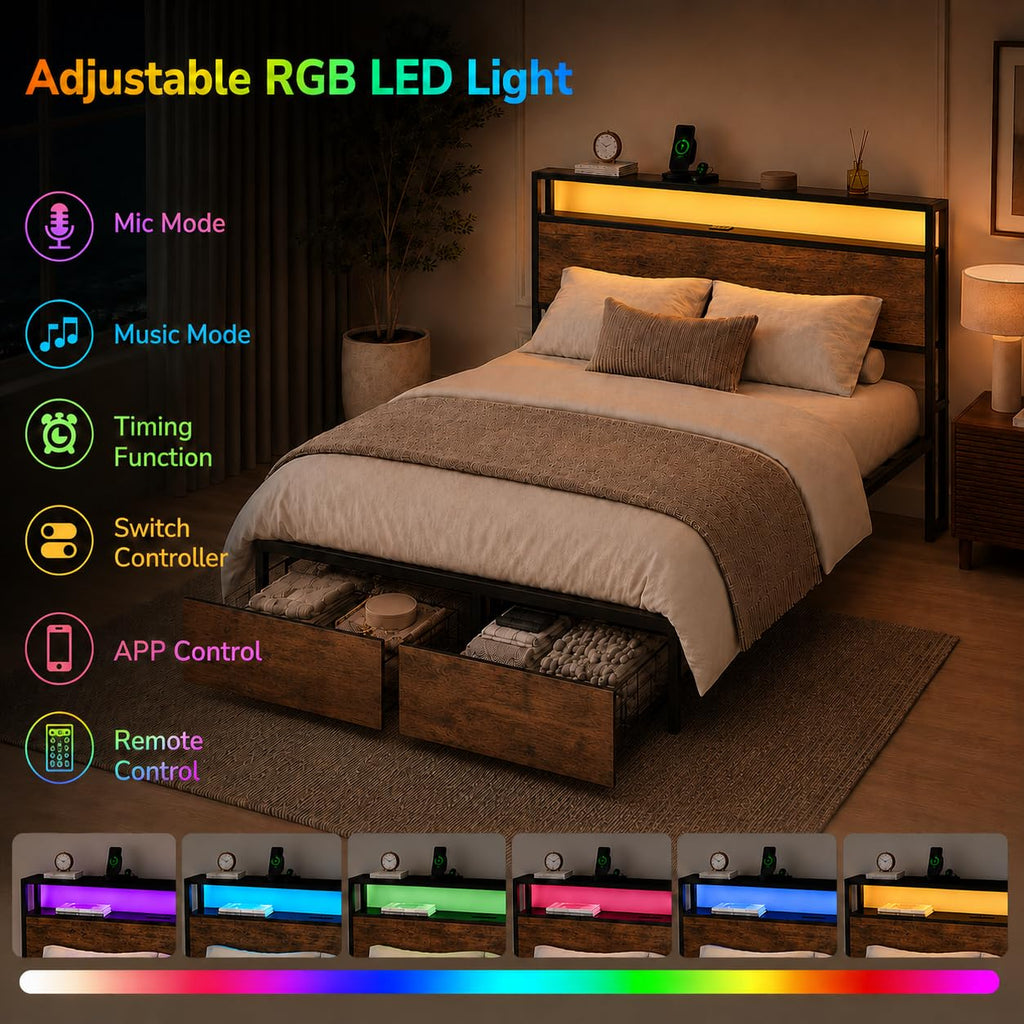 Full Size Bed Frame with Storage Drawers, Bed Frame Full Size with Headboard, LED Light, Charging Station with 3 USB