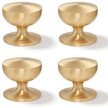 Solid Brass Cabinet Knobs with Wide Base, 1-1/8 Inch Brushed Gold Drawer Knobs, 4 Pack Round Dresser Knobs Cabinets