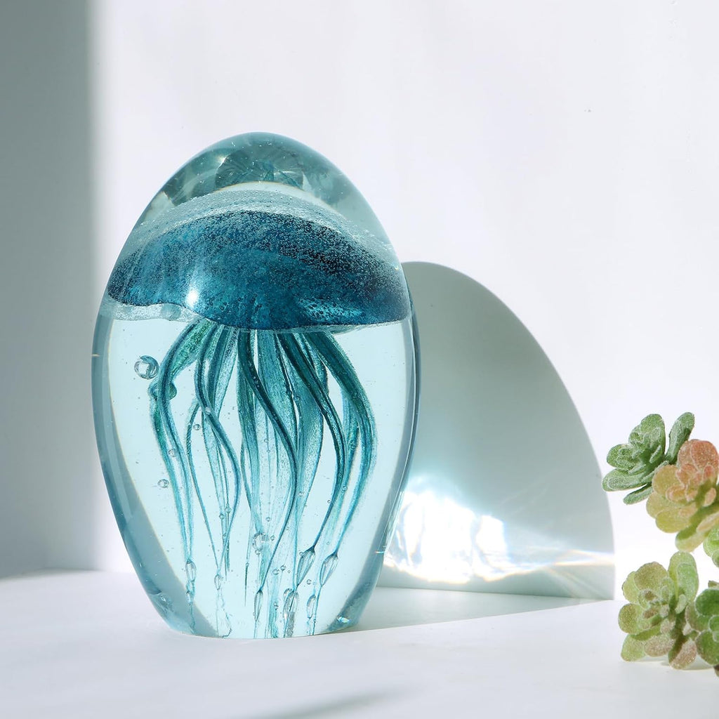 Hand Blown Glass Jellyfish Figurine, Glow in The Dark Paperweight, Collectible Sea Creature Statue Decor, Party
