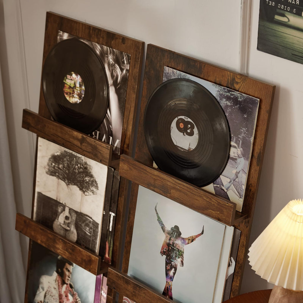 Wall-Leaning Vinyl Record Holder Set of 2 with 3 Tier Display Shelf, 47.5'' Tall Record Storage Magazine Holder