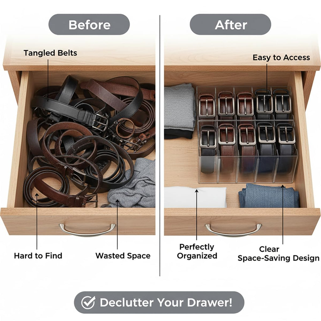 Belt Organizer,Acrylic Belt Organizer for Closet with Removable Dividers 5 Compartments & Handles Drawer organization