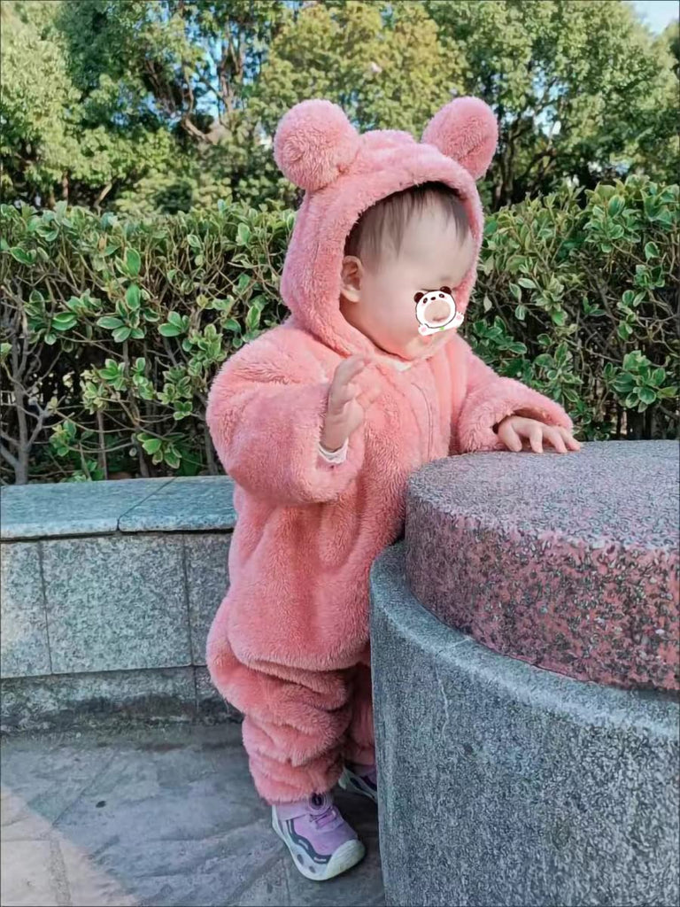 Girl's Winter Polar Fleece Playsuit Cozy Lined Loose Fit Warm Hooded Romper for Baby Toddler Pink