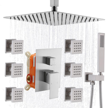 Shower Faucets Set, Ceiling Mount 12 Inch Shower Head with 6 Body Jets, 3 Way Diverter Rain Shower Jet System