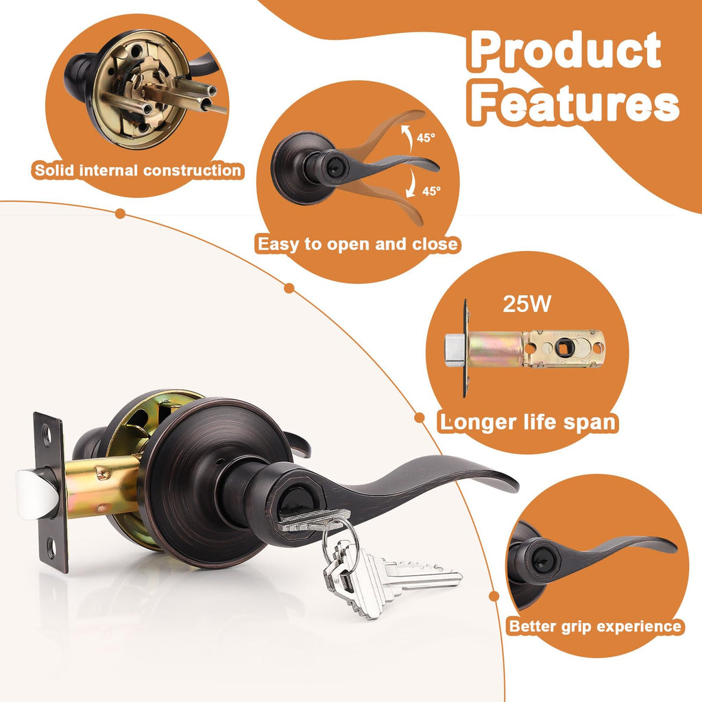 Entry Door Lever Oil Rubbed Bronze, Wave Style Handle Exterior Interior Keyed Entry Lock, Right/Left Handed Entrance