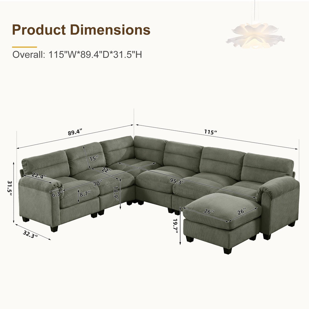 Oversized Modular Sectional Sofa with Movable Ottoman, Corduroy U Shaped Sectional Couches, 7-Seater Modular Sofas
