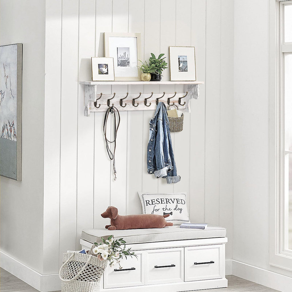 35.8'' Large Wood Coat Rack Wall Mount with Shelf, White Wall Coat Rack with 8 Sturdy Metal Hooks, New Zealand Solid