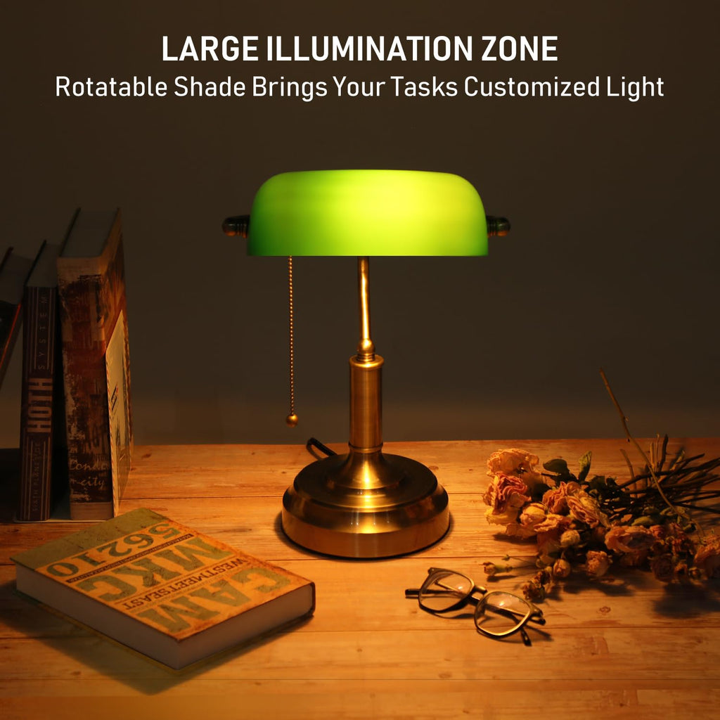 Green Glass Bankers Desk Lamp with Pull Chain, E26 Base