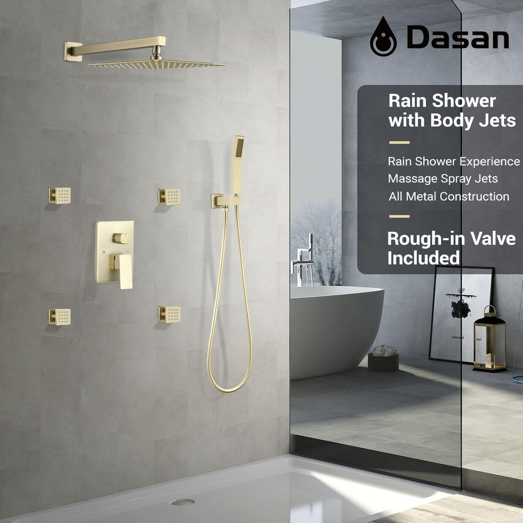Full Body Rain Shower System with 4 Body Shower Jets & 12'' Wall Mount Rainfall Shower Head & Handheld, Multi Shower