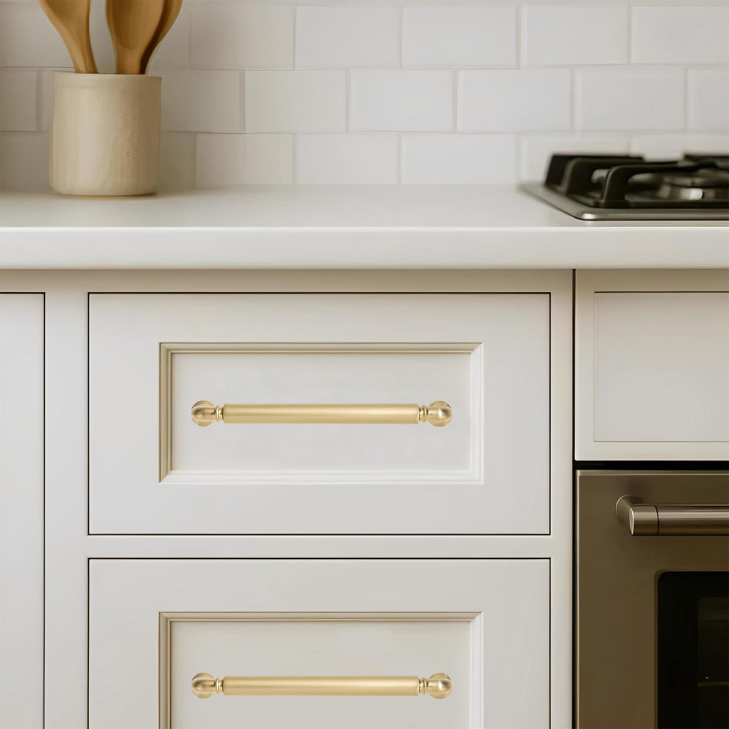 Brushed Brass Heavy-Duty Solid Cabinet Pulls, 6 Inch (152mm) Hole Center, Satin Gold Drawer Pulls, Cabinet