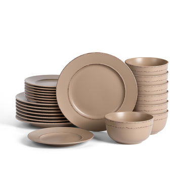 Hazel 24-Piece Stoneware Dinnerware Set, Plates and Bowls Set, Dishwasher and Microwave Safe, Dish Set for 8, Sand
