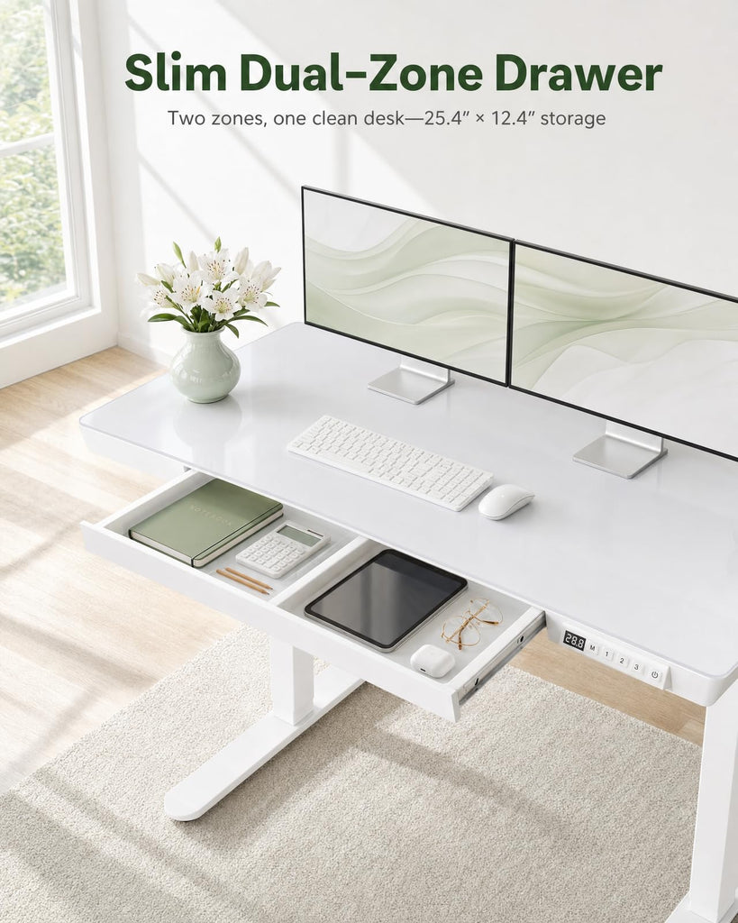 Glass Standing Desk, 35 Inch Small Sit Stand Desk, Pure White