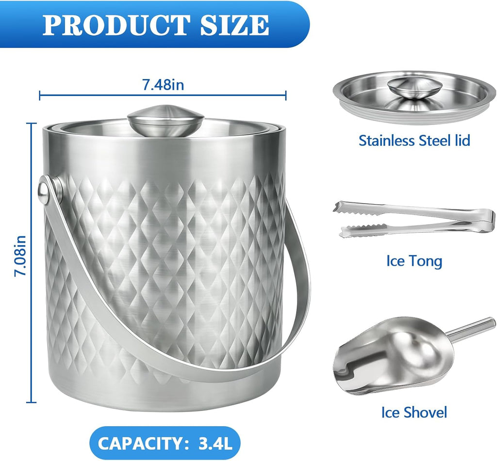 3.6 QT / 3.4L Stainless Steel Ice Bucket with Lid, Scoop & Tongs, Double Wall Insulated Ice Bucket for Parties