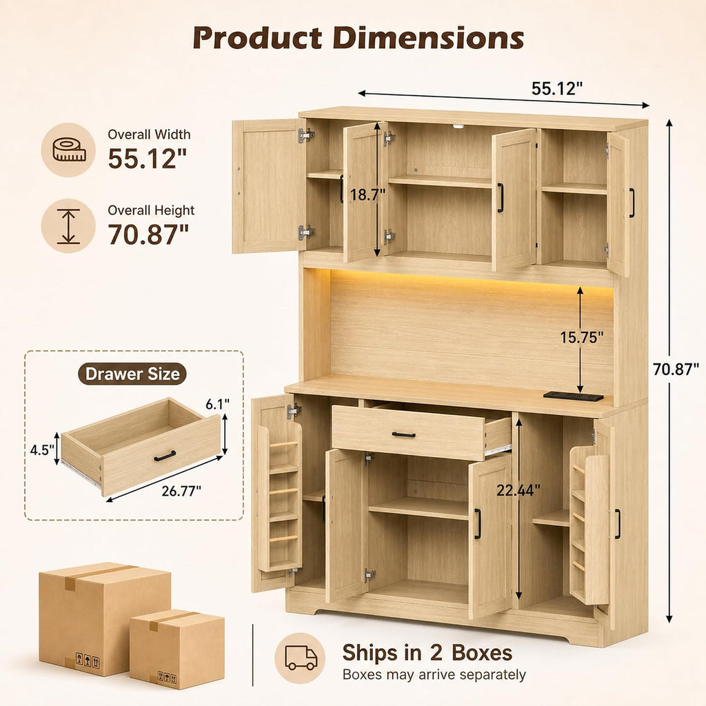 71" Kitchen Pantry with LED Lights, Farmhouse Hutch Storage Cabinet | Tall Coffee Bar, 55" Wide Countertop with