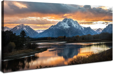 Sunset Mountain Wall Art Nature Grand Teton Landscape Canvas Wall Decor National Park Wall Art Oxbow Bend Snake River