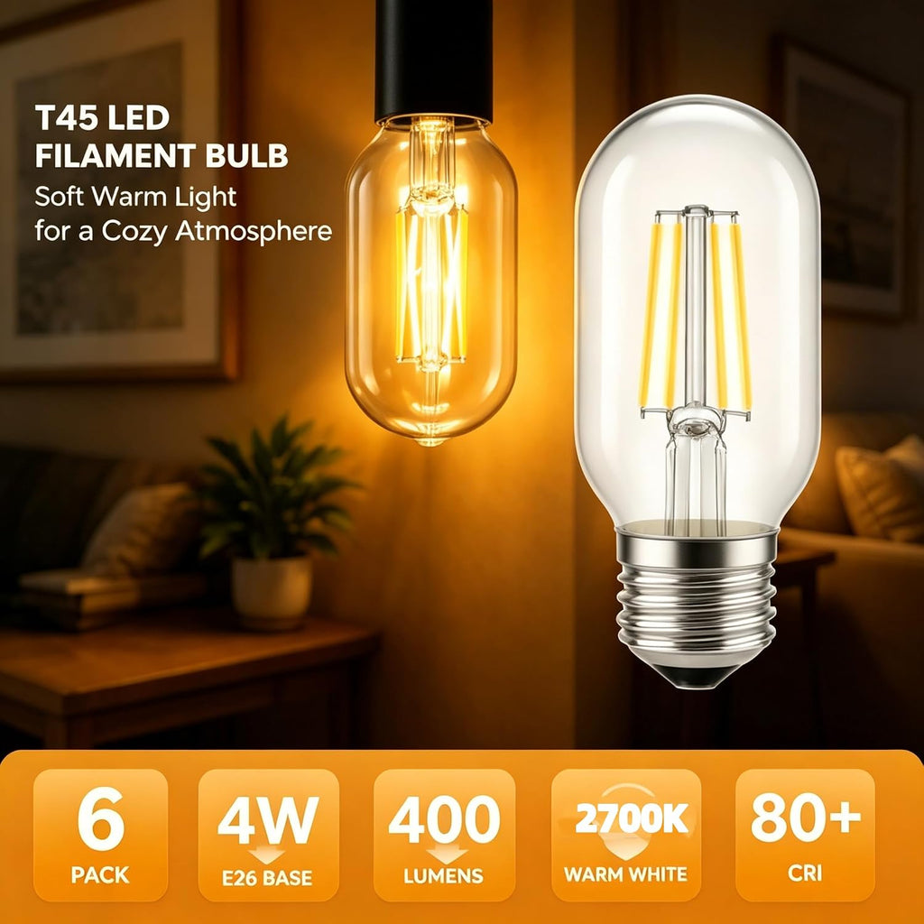 E26 LED Light Bulb, 6 Packs T45/T14 Non Dimmable 2700K Warm White LED Bulb, 4W Equivalent 40W, E26 Tubular Light