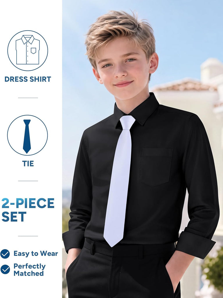 Boys' Long Sleeve Button-Down Dress Shirt with Pre-Tied Tie