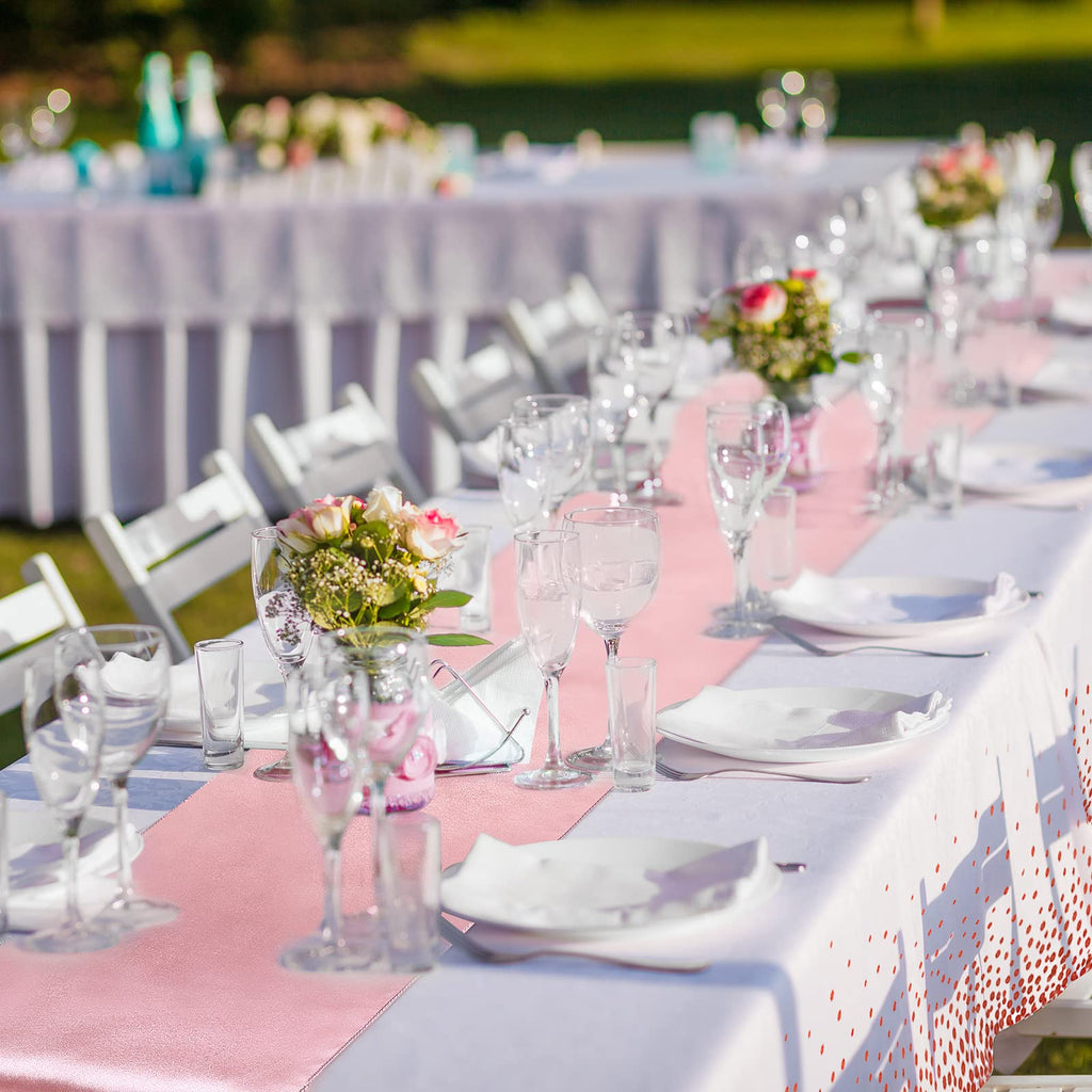 16 Pack White and Rose Gold Plastic Tablecloths Satin Runner Set