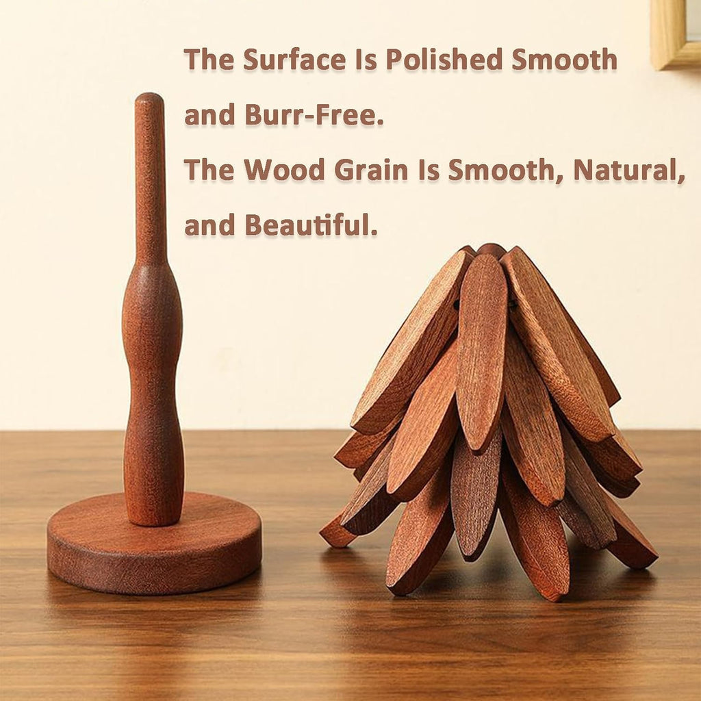 Natural Tree Trivet Set, 3/4/5 Wooden Trivets & 1 Stand Like a Christmas Tree, for Hot Pots and Dishes & Cup (Walnut