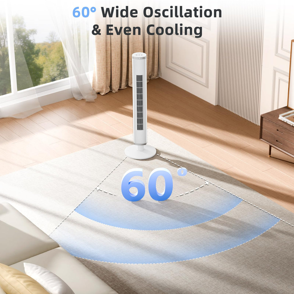Bladeless Tower Fan with Remote, 6 Speeds, 4 Modes, 24H Timer, 60° Oscillation ,41-Inch,White
