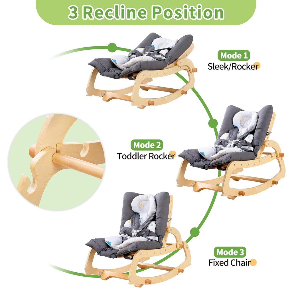 In-1 Baby Rocker Chair with Double Cushions, for 0-12 Months, Adjustable Wooden Infant Rocker with Removable