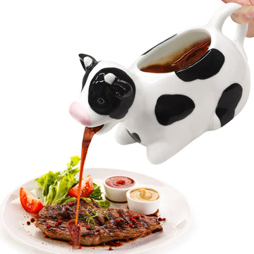 White Gravy Boat, 11oz Cow Ceramic Gravy Jug, Small Sauce Jug with Smooth Handle, Porcelain Sauce Boat for Salad