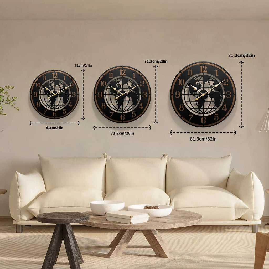 Large World Map Wall Clock, 32" Wooden Minimalist Modern Clock