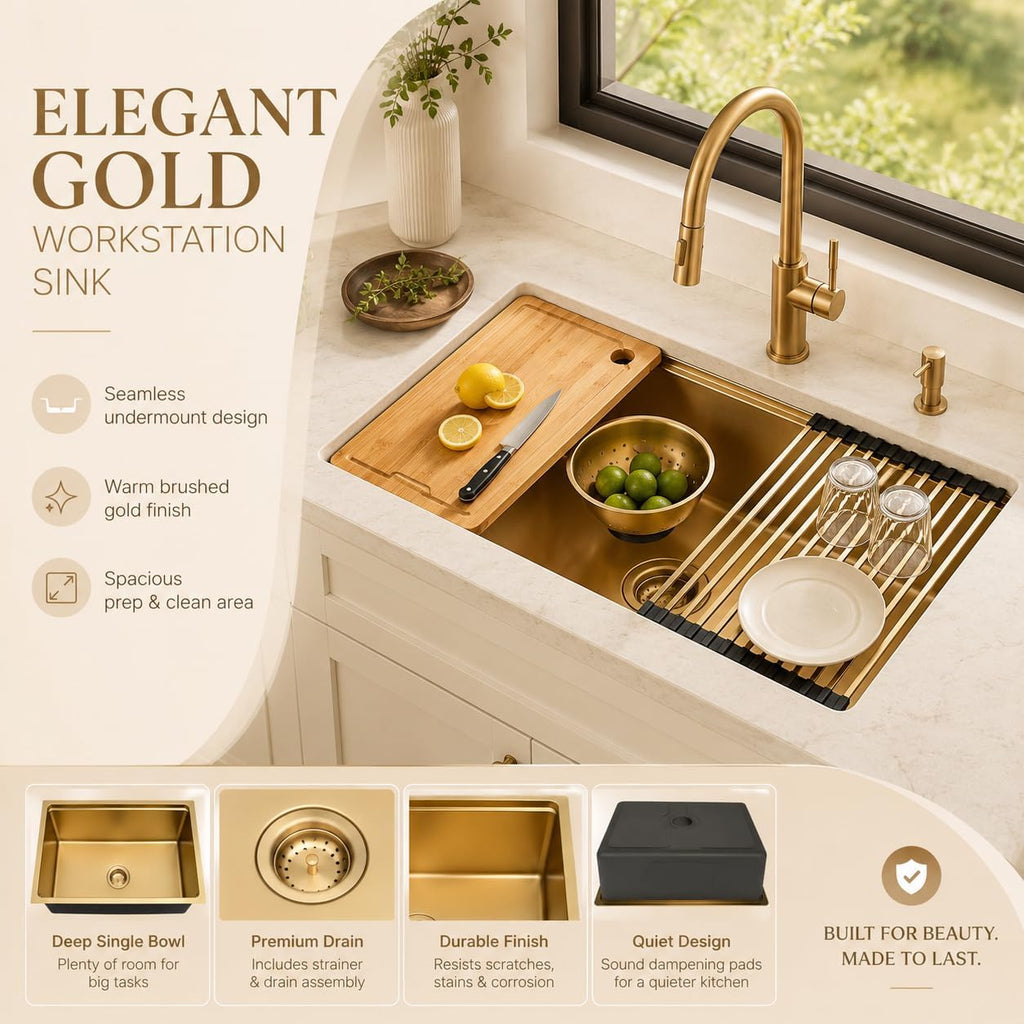 32 Inch Gold Undermount Kitchen Sink, 32" x 18" Gold Workstation Sinks, Stainless Steel Single Bowl Sink with Custom
