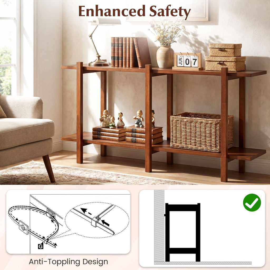 2-Tier Wood Bookshelf, 48" Modern Console Table with Wide Storage Shelf, Horizontal Rubber Wood Bookcase, Open